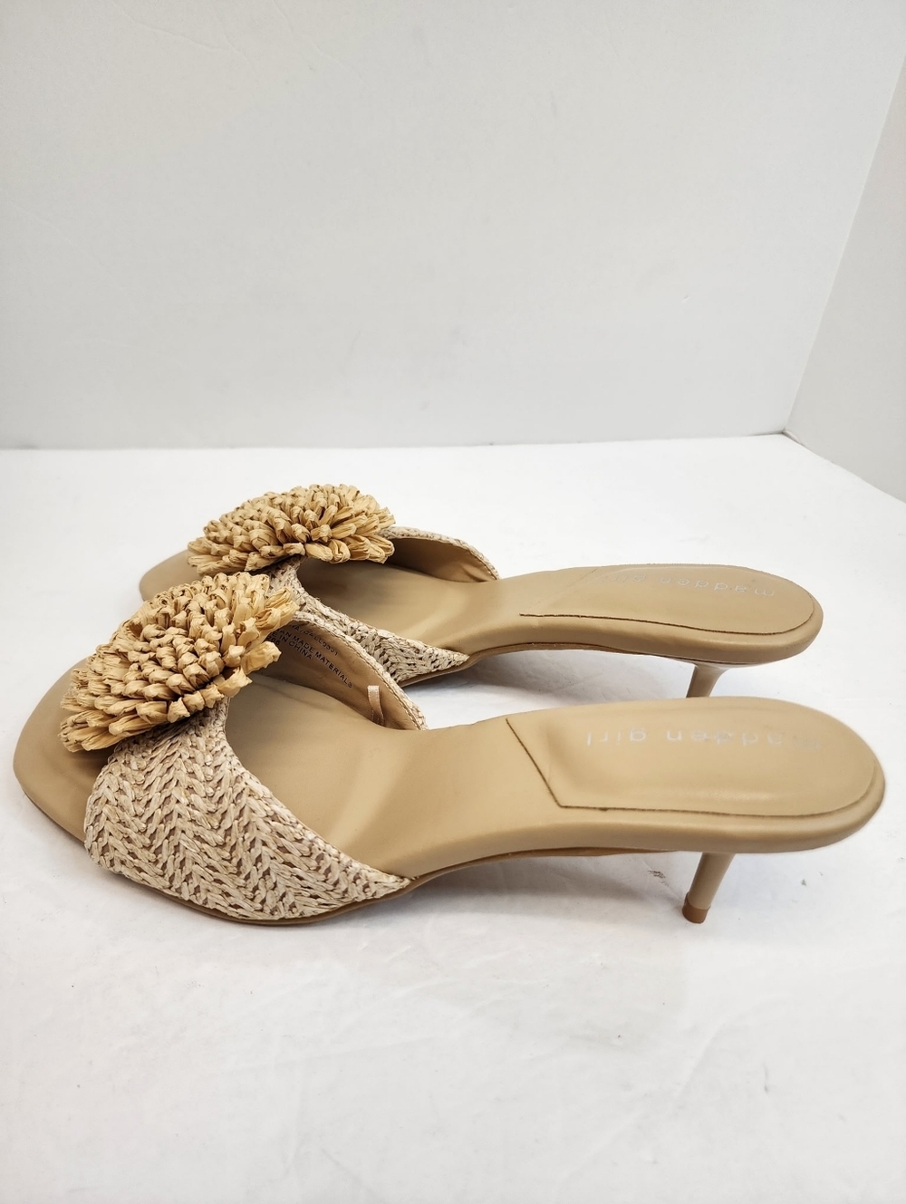 Raffia Flower Kitten Heel Mule Sandals Beige Resort Slides Size 8